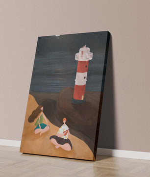 Peaceful Beach Scene with Lighthouse at Night