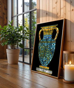 Jarrón de mosaico detallado con piedras preciosas doradas y azules sobre fondo negro