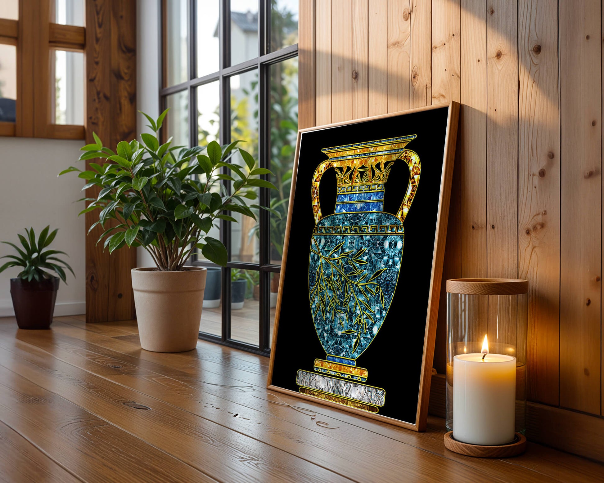 Jarrón de mosaico detallado con piedras preciosas doradas y azules sobre fondo negro