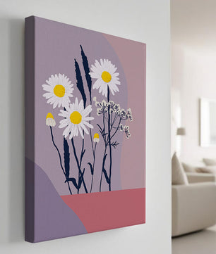 Zarte weiße Gänseblümchen mit gelben Zentren auf modernem Pastell-Hintergrund