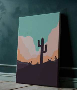Abstract desert landscape with cactus silhouette at sunset