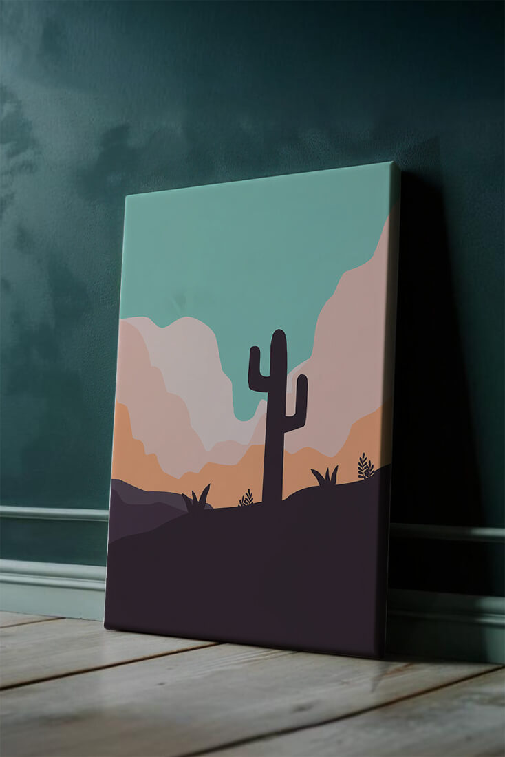 Abstract desert landscape with cactus silhouette at sunset