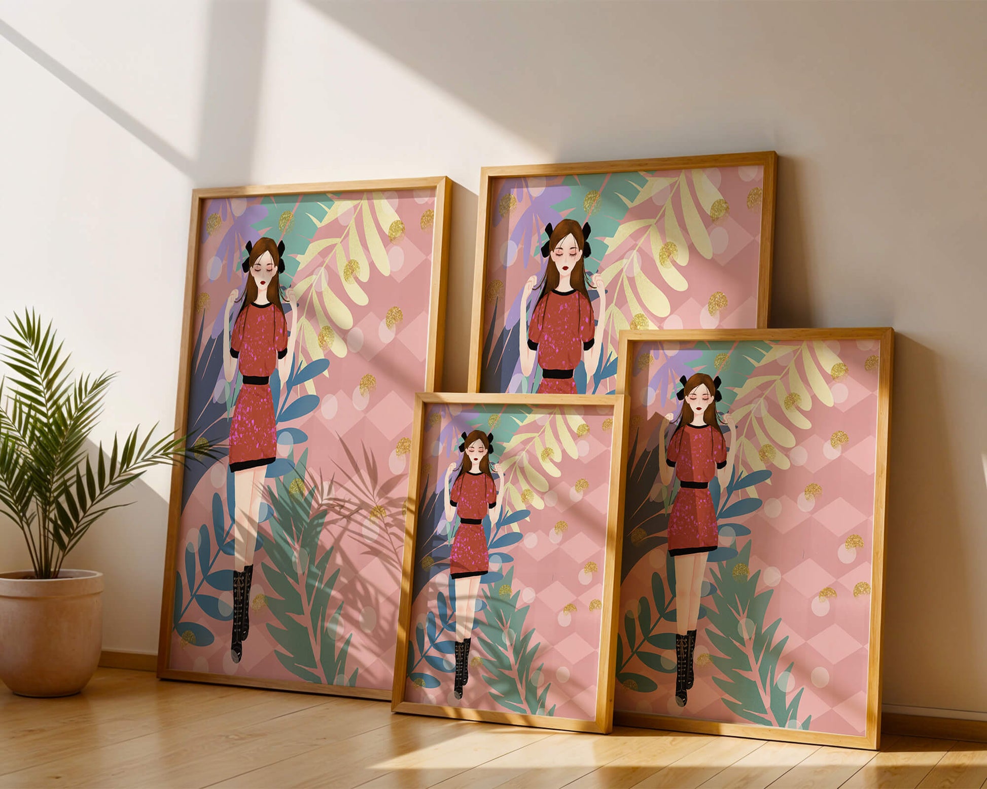 Stylish illustration of a woman with botanical elements and geometric background