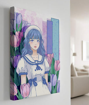 Illustration d'une fille en robe de marin parmi des tulipes avec une palette de couleurs pastel