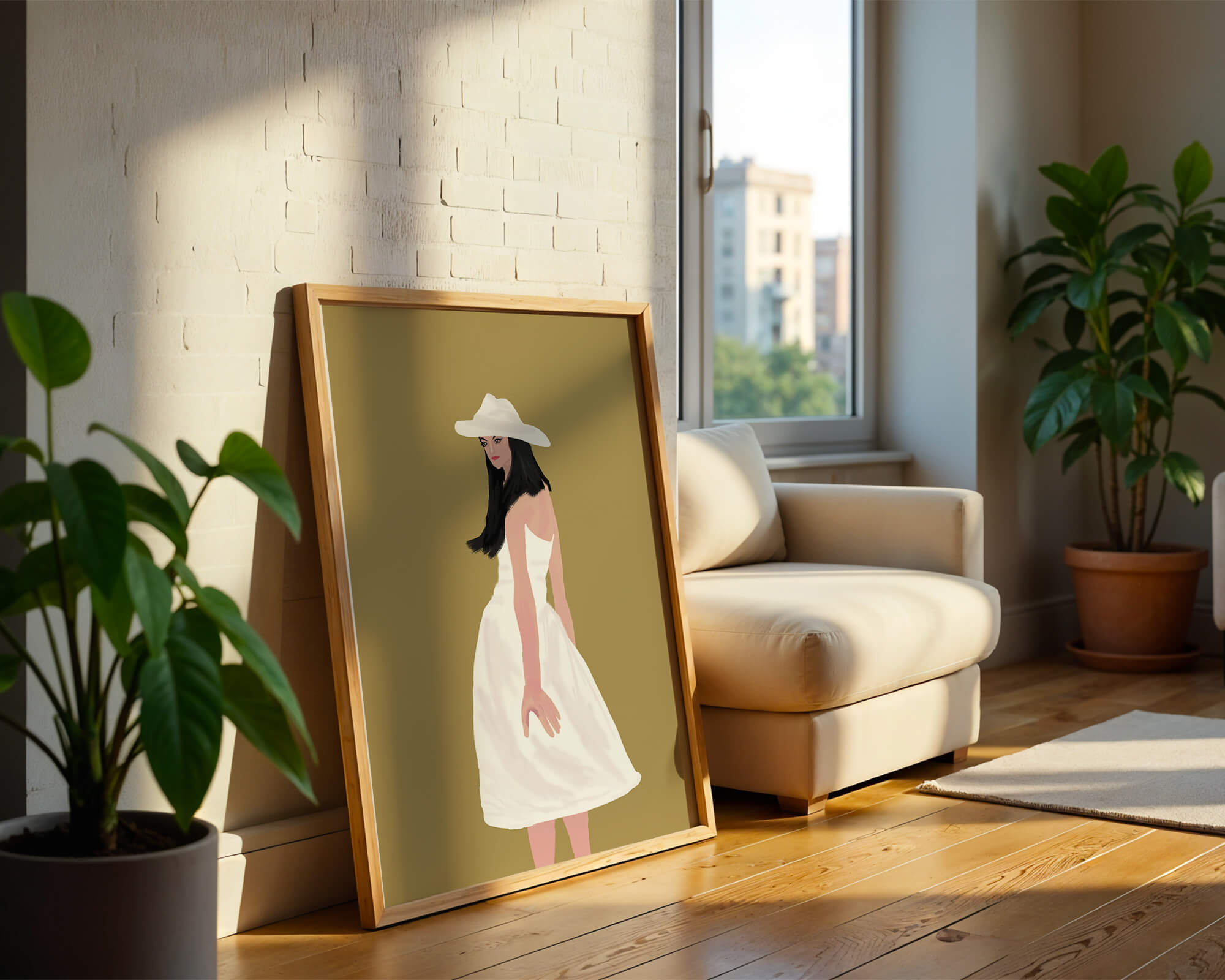 Woman in a white dress and hat on a gold background
