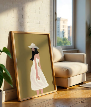 Woman in a white dress and hat on a gold background