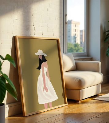Woman in a white dress and hat on a gold background