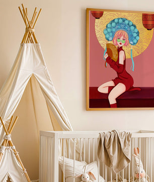 Elegante Illustration einer Frau in traditioneller Kleidung mit einem Fächer