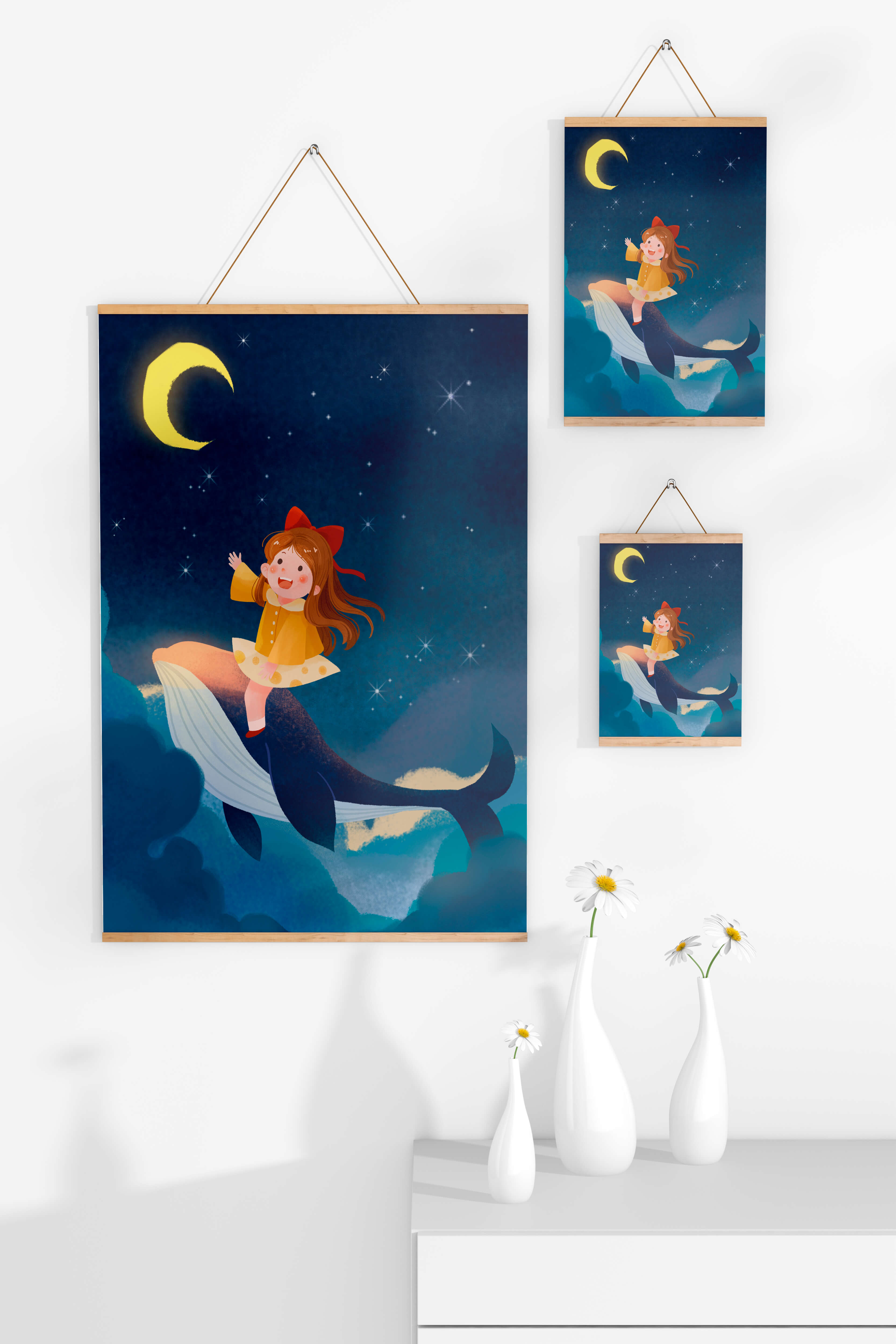 Girl on a whale under starry night sky