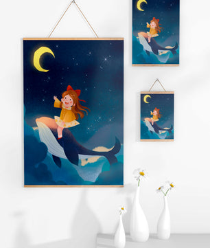 Girl on a whale under starry night sky