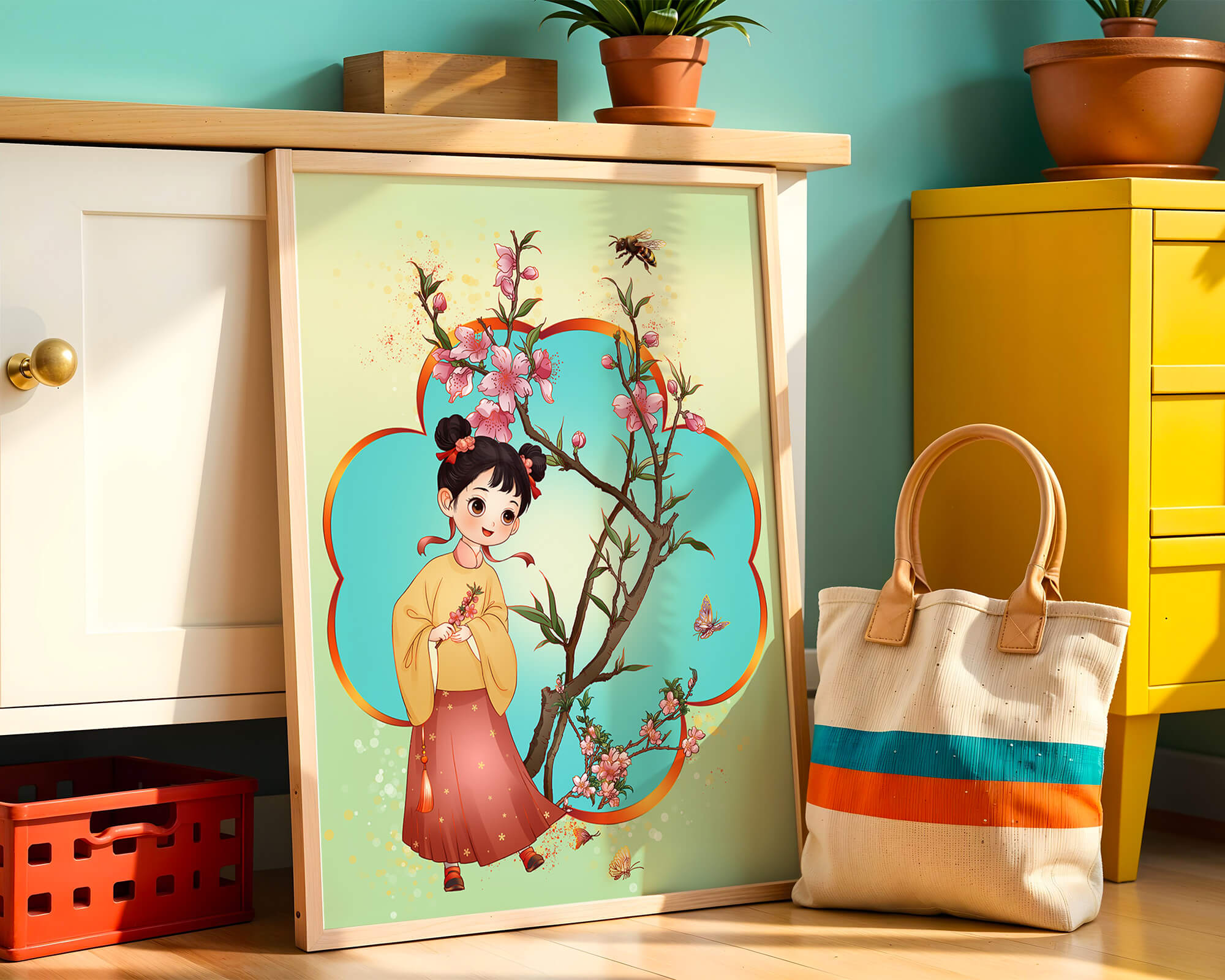 Illustration of a girl with cherry blossoms and butterflies
