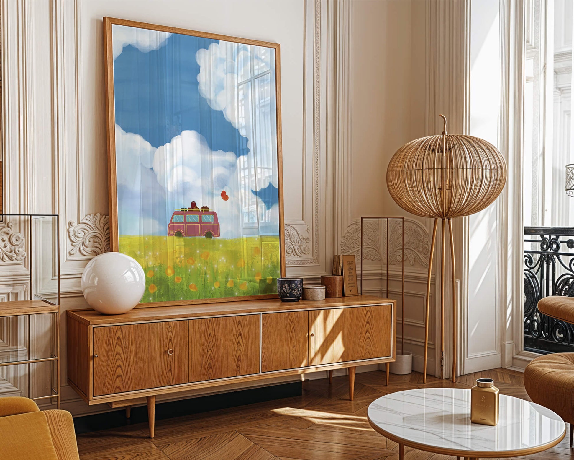 Colorful Van in a Vibrant Field with Balloons and Luggage