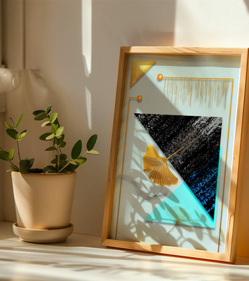 Abstract Composition with Geometric Shapes and Gold Ginkgo Leaves