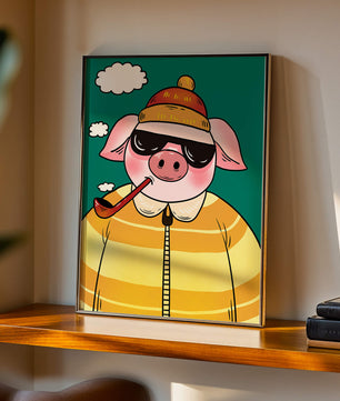 Cerdo elegante con gafas de sol y pipa contra un cielo turquesa