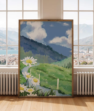 Meadow with Daisies Under Bright Blue Sky