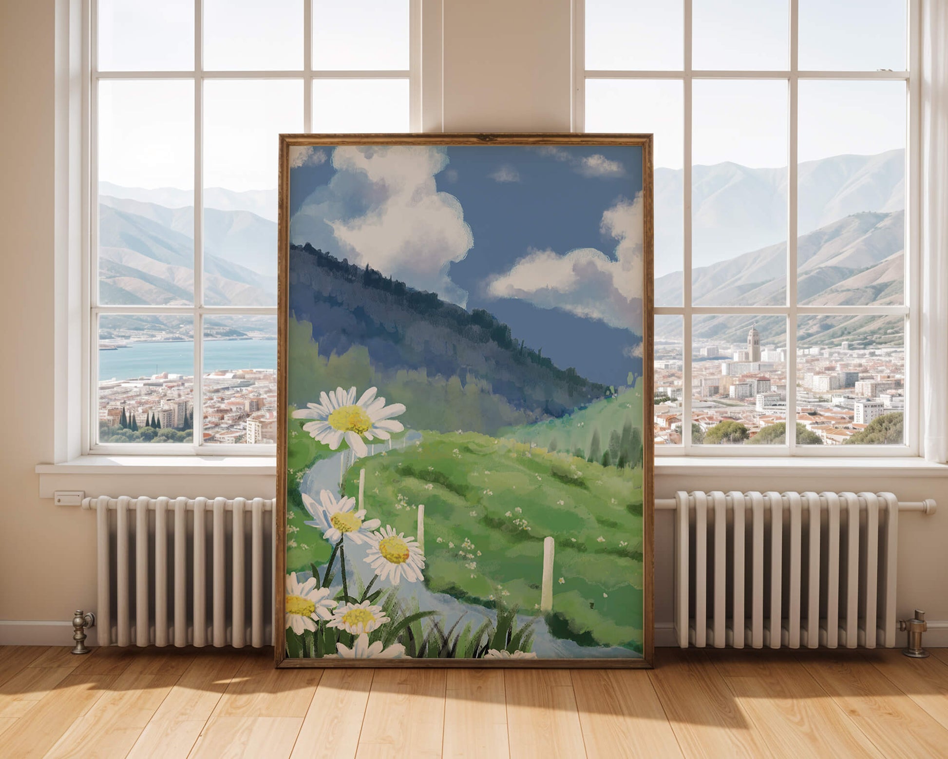 Meadow with Daisies Under Bright Blue Sky