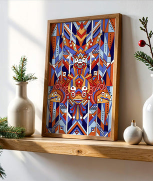 Arte tribal geométrico con colores vibrantes y patrones simétricos
