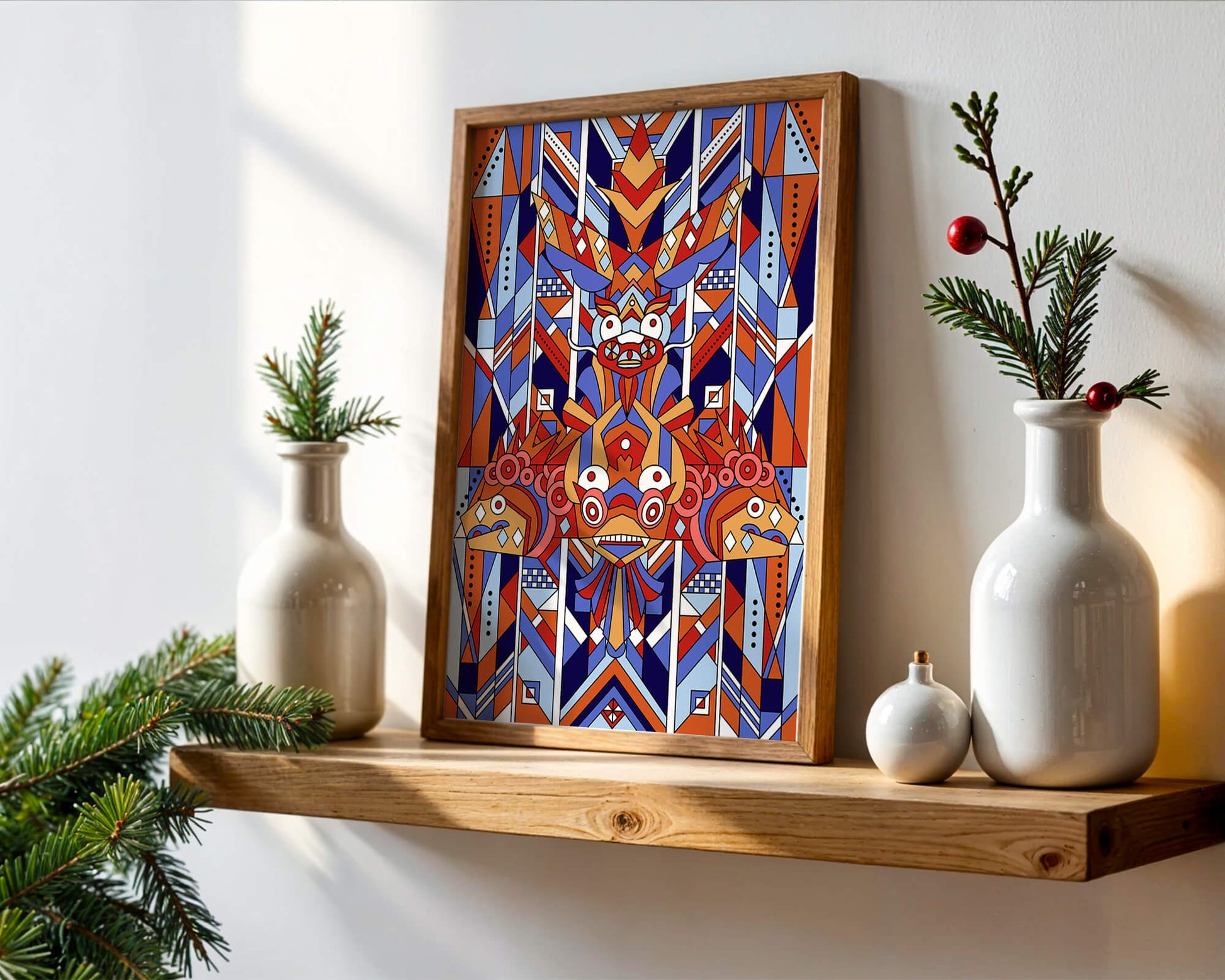 Arte tribal geométrico con colores vibrantes y patrones simétricos