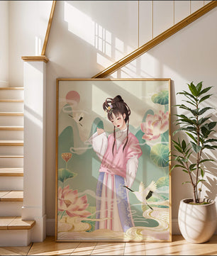 Femme élégante en tenue traditionnelle avec lotus en fleurs et grues