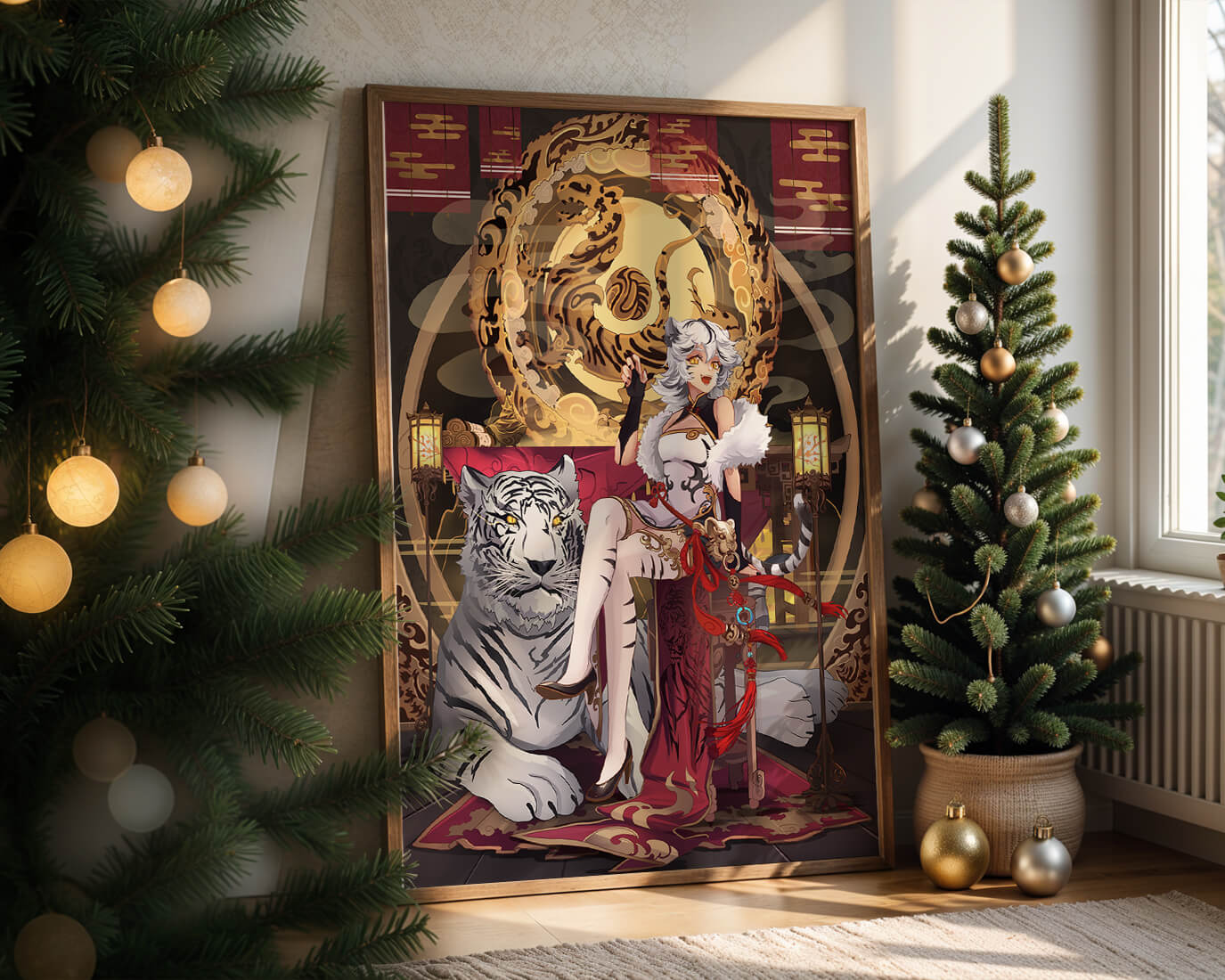 Elegant fantasy character with mystical tiger and ornate decor