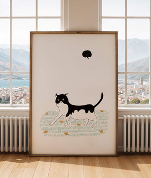 Whimsical cat illustration in field of flowers