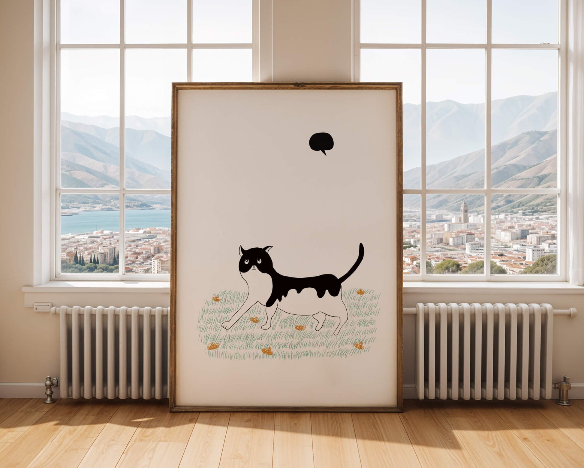 Whimsical cat illustration in field of flowers