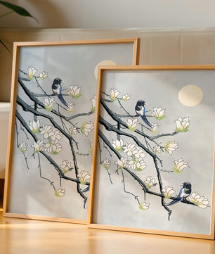 Birds on blossoming branches under a serene moonlit sky