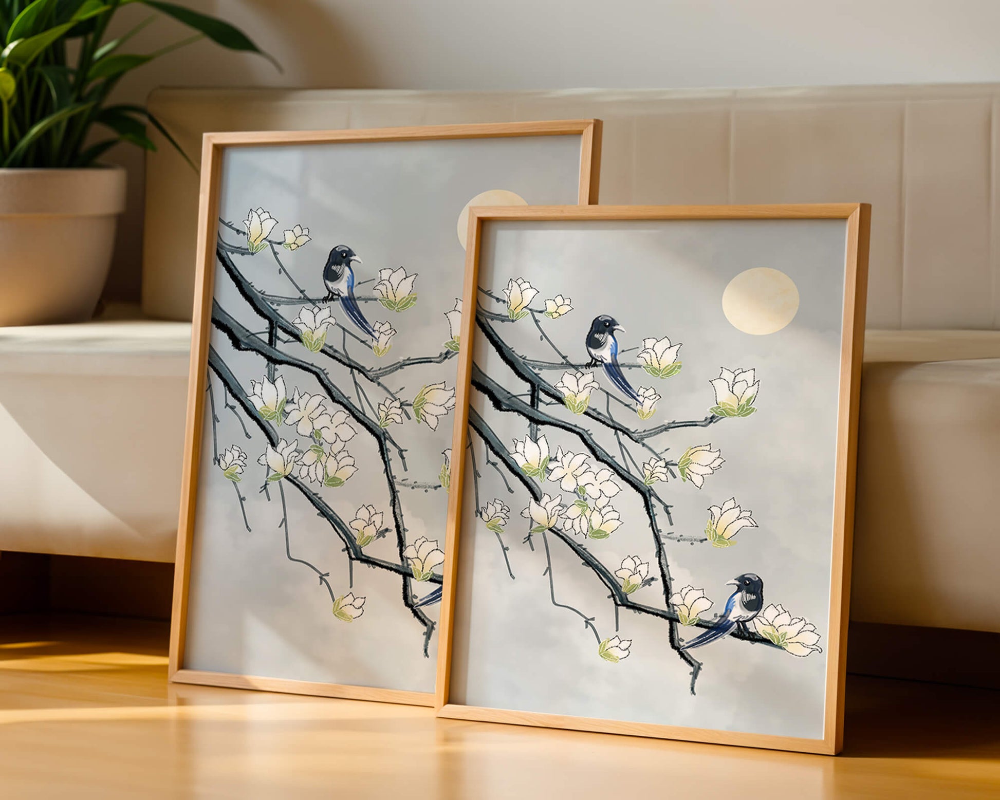 Birds on blossoming branches under a serene moonlit sky