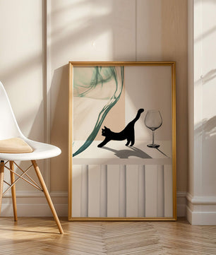 Composición abstracta con gato negro y copa de vino sobre fondo geométrico
