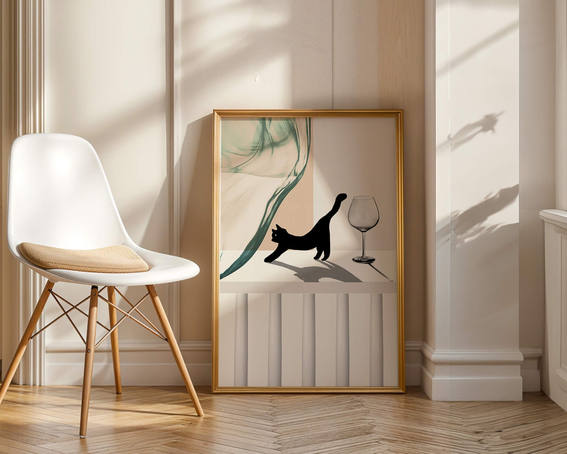 Abstract Composition with Black Cat and Wine Glass on Geometric Background