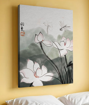 Delicate watercolor of lotus flowers with dragonfly in serene atmosphere