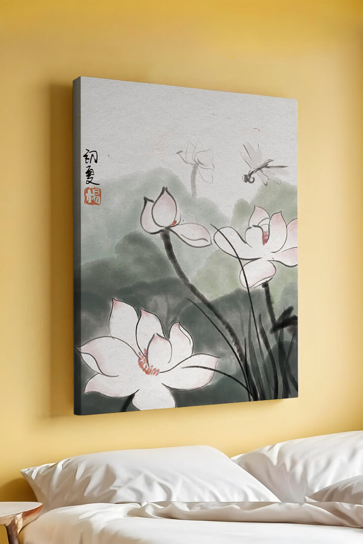 Delicate watercolor of lotus flowers with dragonfly in serene atmosphere