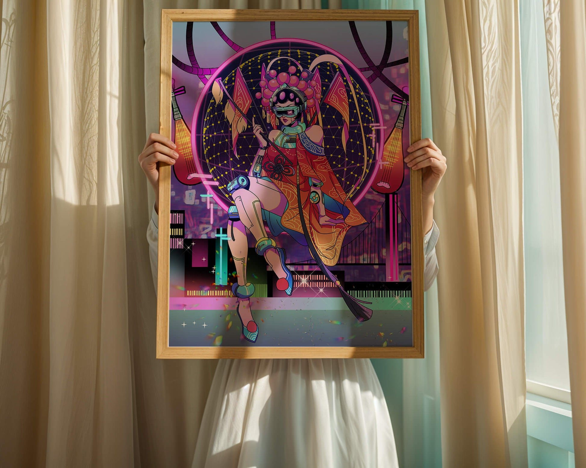 Futuristic geisha with neon lights and traditional elements