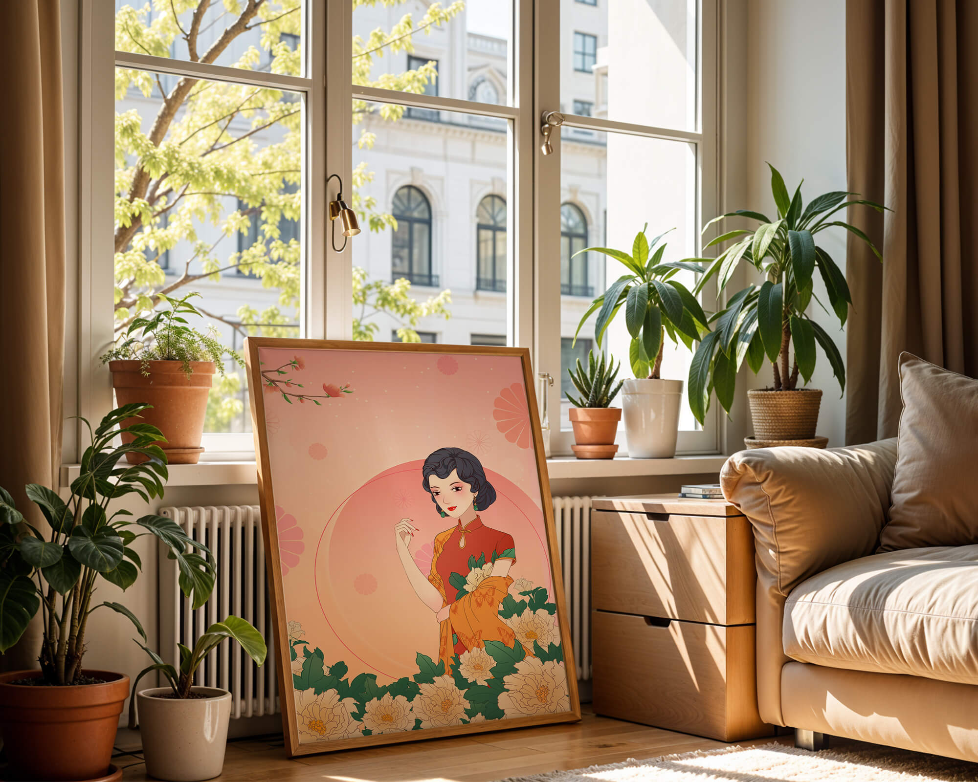 Elegant Woman in Traditional Asian Dress with Floral Background - Mi tienda