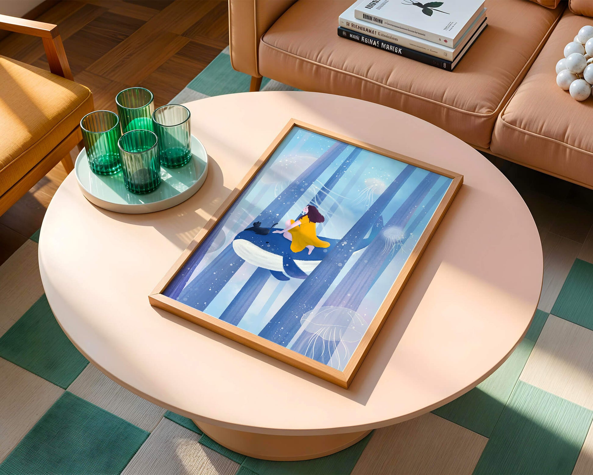 Dreamlike scene with girl, cat, and whale in an ethereal ocean