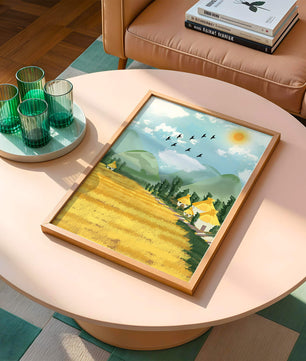Sunny Countryside With Birds And Golden Fields