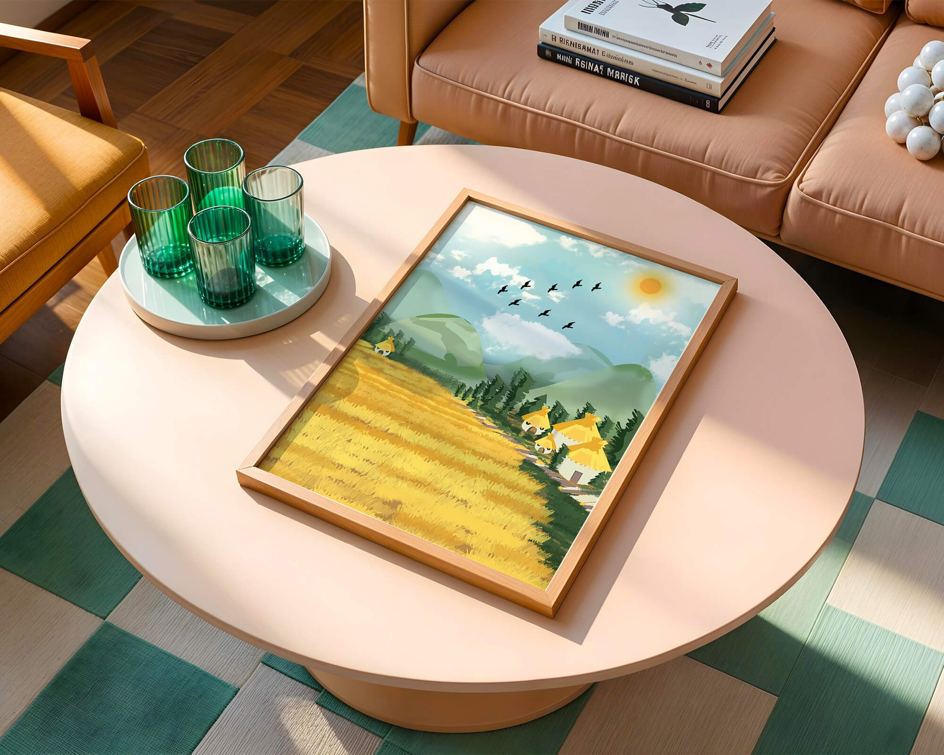 Sunny Countryside With Birds And Golden Fields