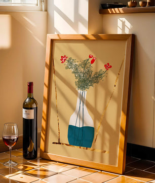 Vase avec des fleurs rouges et des accents dorés