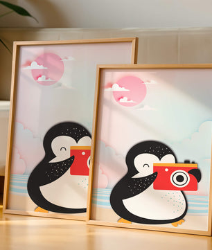 Whimsical penguin illustration with a camera on a pastel beach