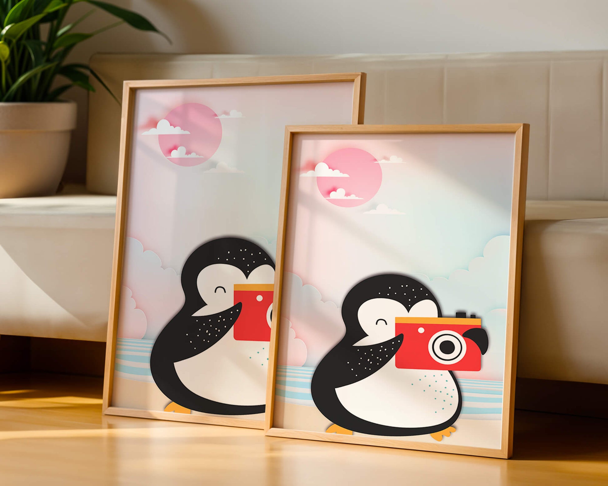 Whimsical penguin illustration with a camera on a pastel beach
