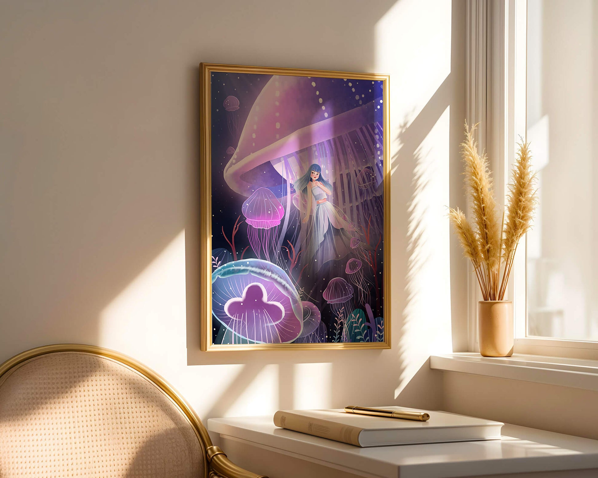 Underwater Fantasy Scene with Jellyfish and Girl