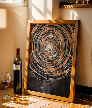 Espiral cósmica abstracta con patrones ovalados concéntricos y fondo estrellado