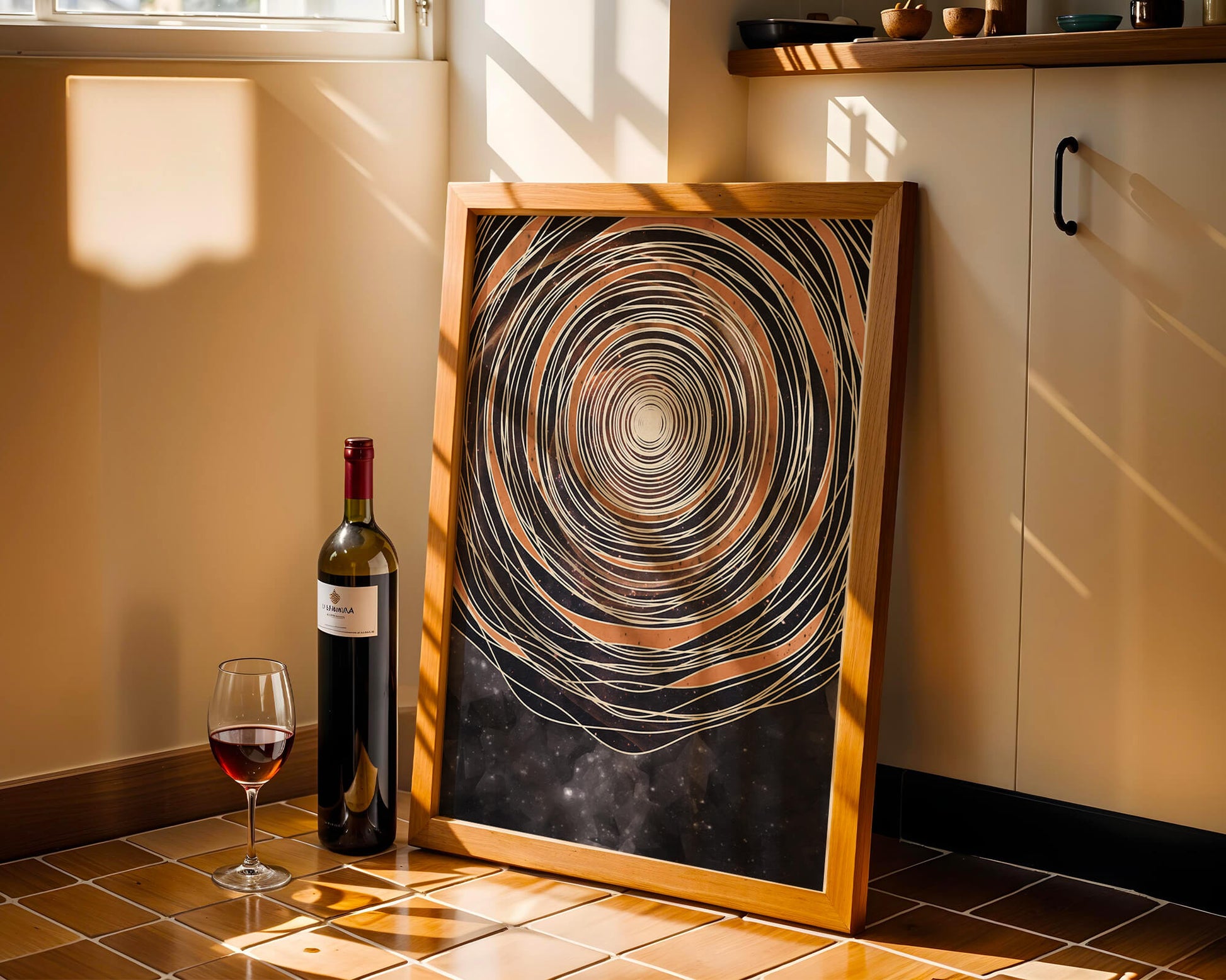 Abstract cosmic spiral with concentric oval patterns and starry background
