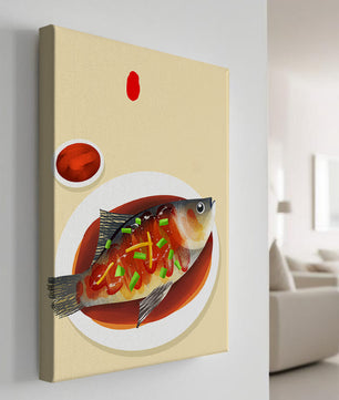 Illustration of a colorful fish dish with garnish