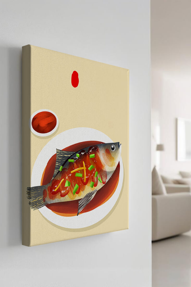 Illustration of a colorful fish dish with garnish