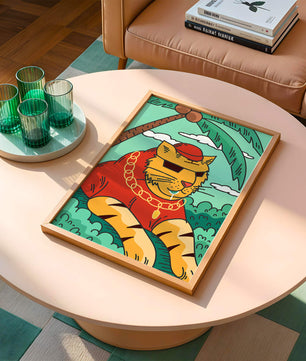 Stylish cartoon tiger lounging under a tropical palm tree with gold accessories