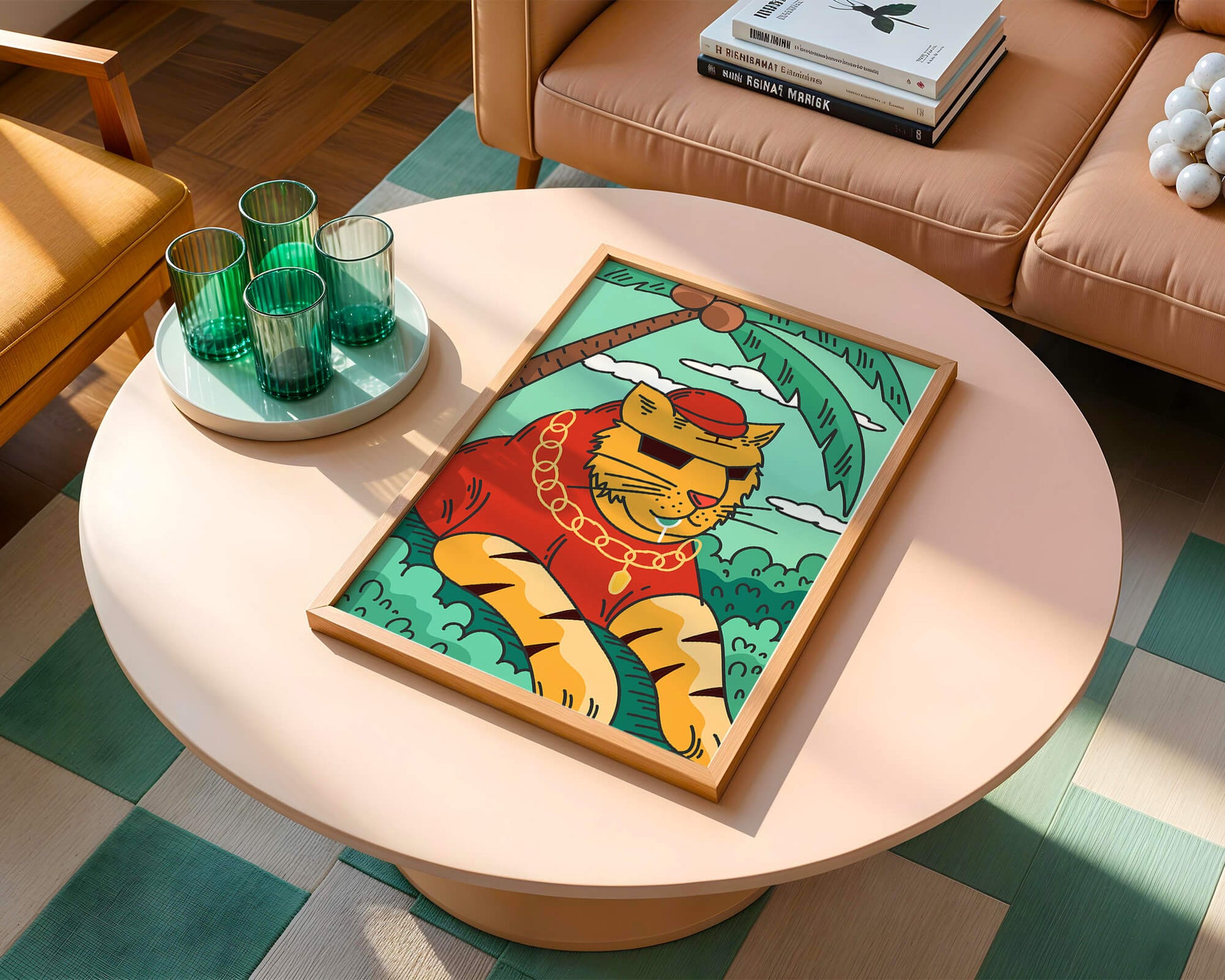 Stylish cartoon tiger lounging under a tropical palm tree with gold accessories