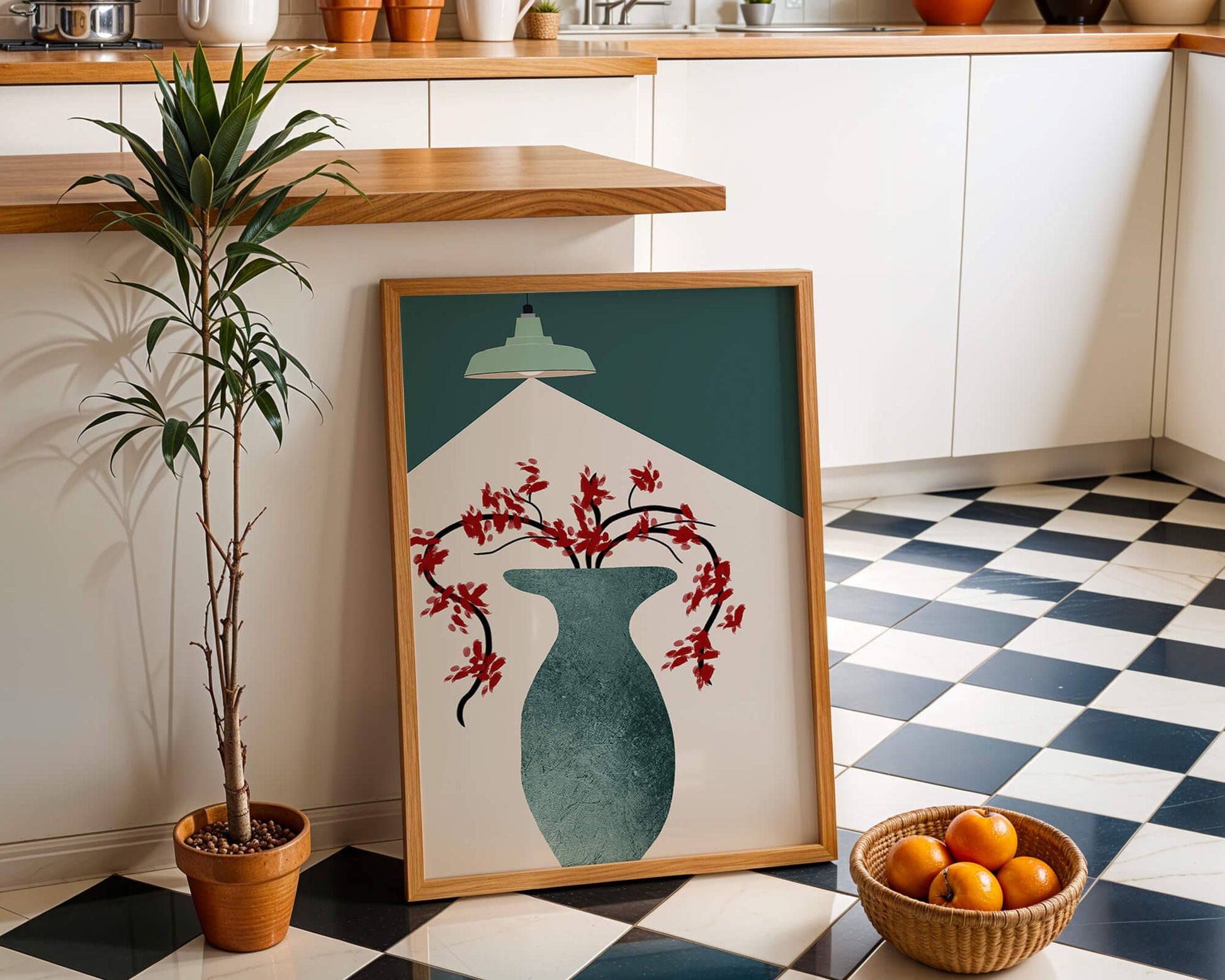 Modern Minimalist Vase with Red Flowers Under Green Lamp