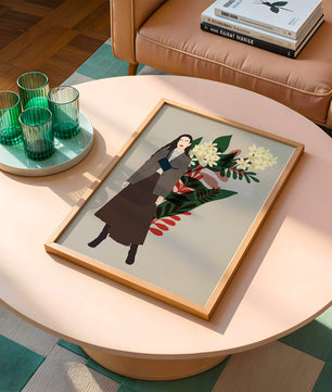 Elegant woman illustration with floral background in earthy tones