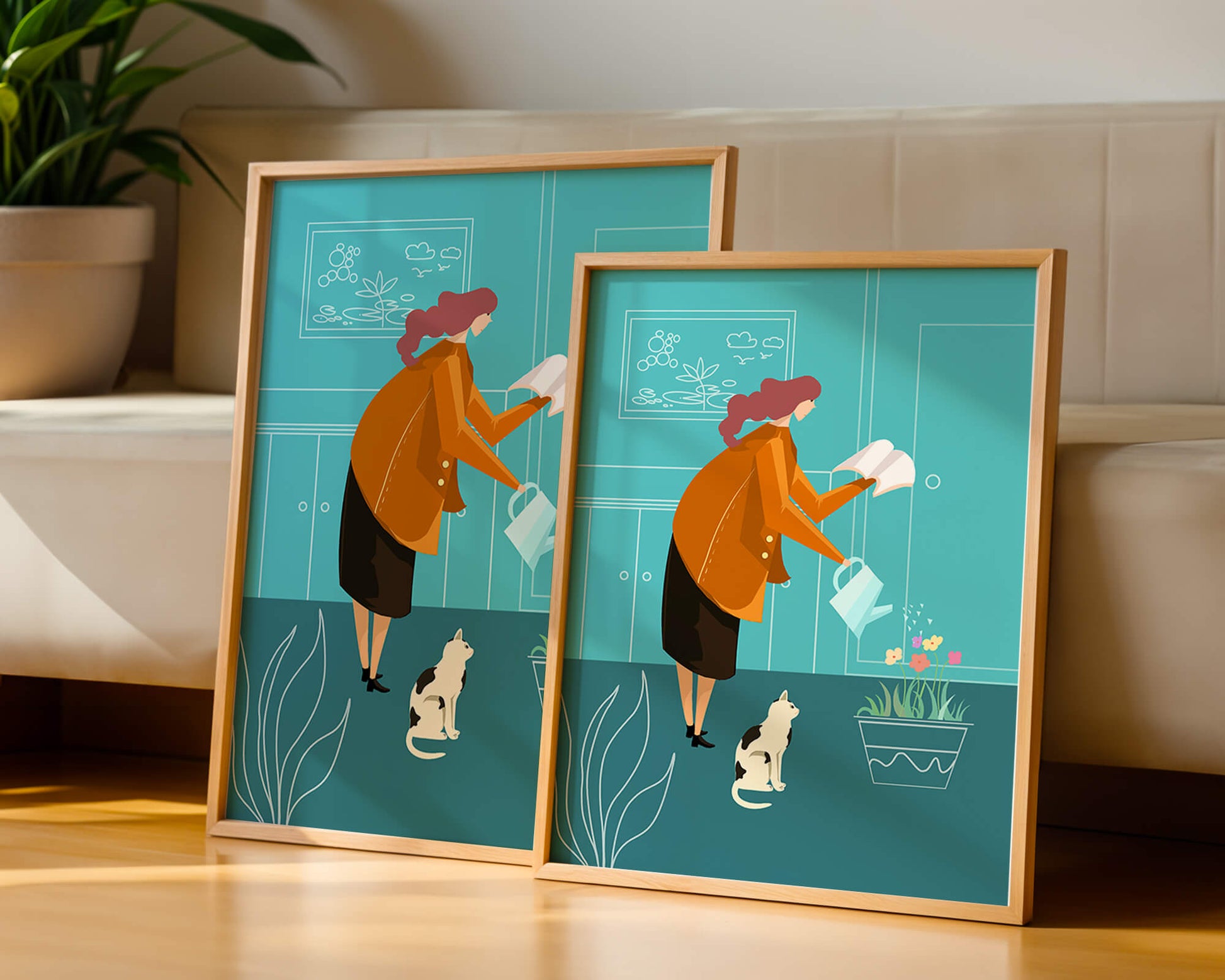 Mujer regando flores con un gato en un interior moderno